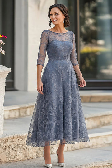 Dentelle Bleu Poussiéreux Demi-Manches Thé Longueur Mère de la Robe de la Mariée